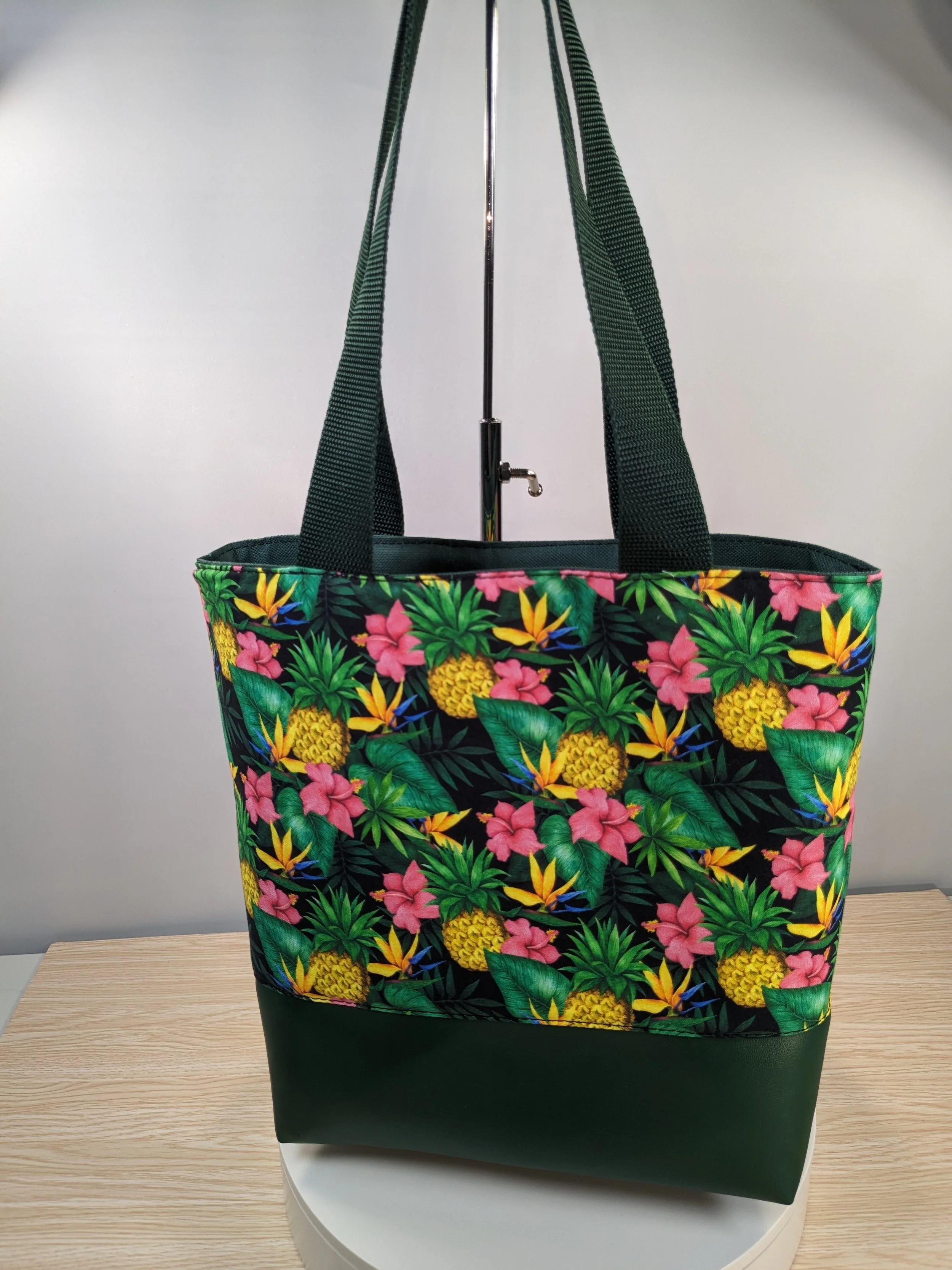 Tote Bag - Pineapple Hibiscus Print with Green Lining