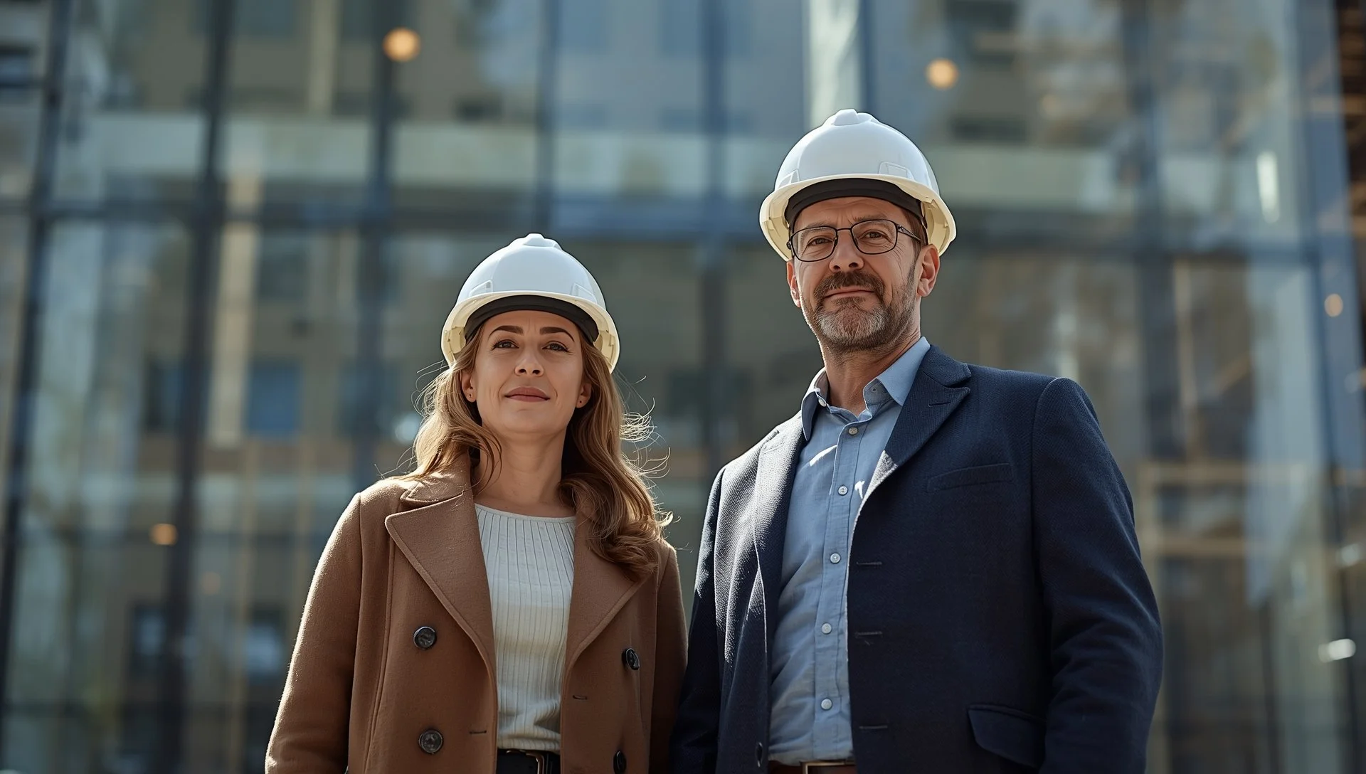 male and female project team members with hard hats in front of hotel that is being build