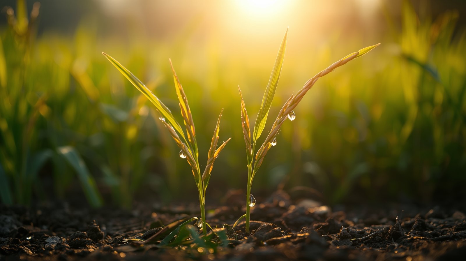 Close-up of young rice plants with water droplets at sunrise