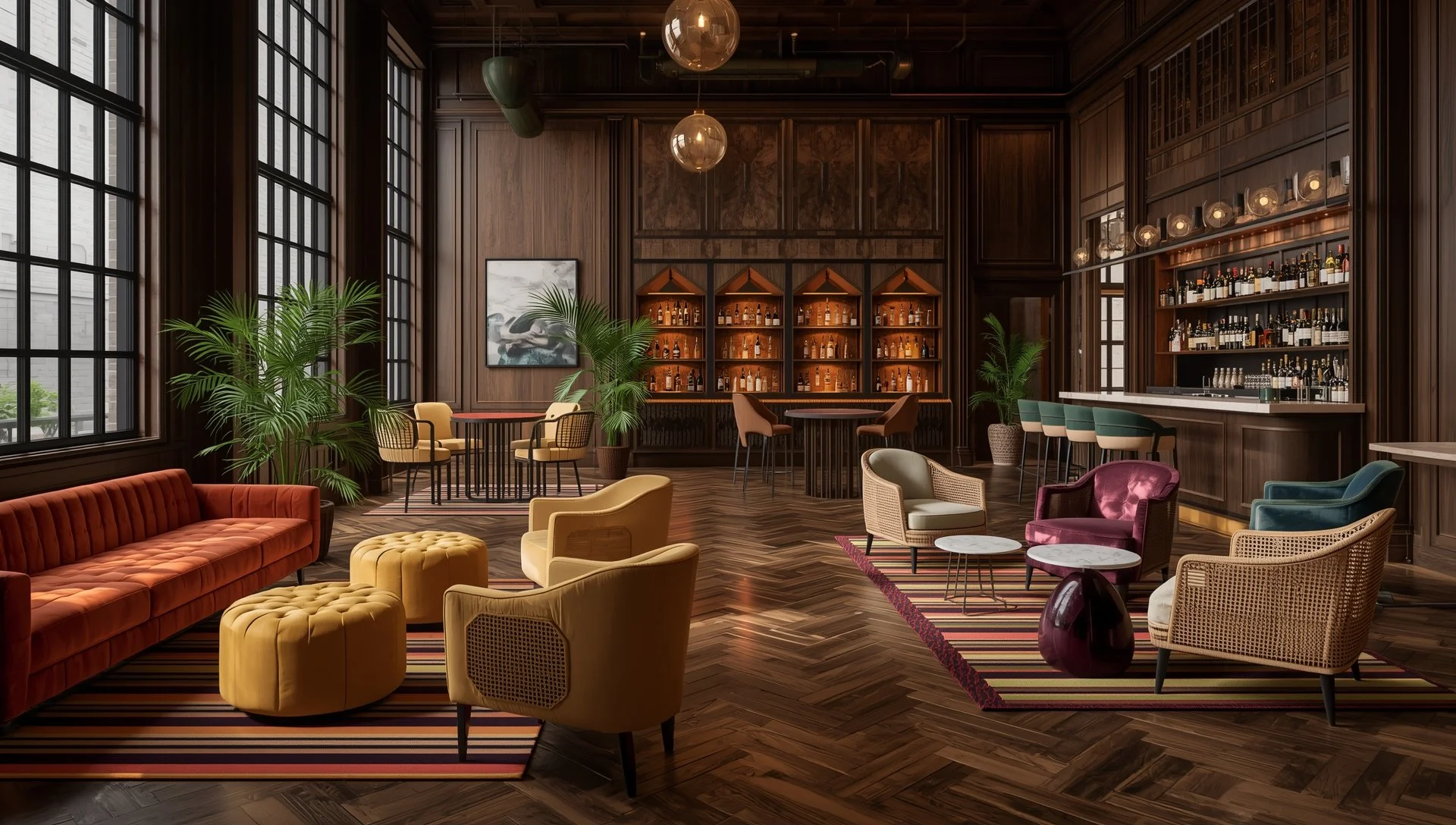 boutique lifestyle hotel loby and bar with large windows and palms