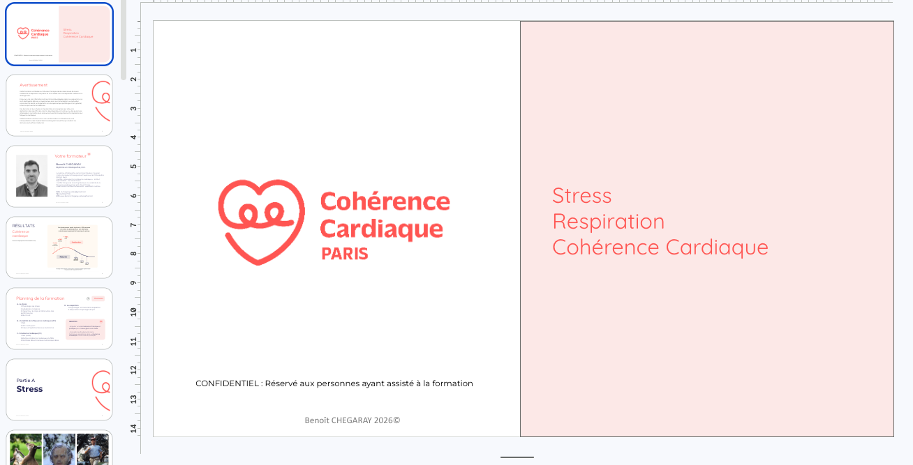 Diaporama présentant une formation sur la cohérence cardiaque, stress, respiration, avec un logo en cœur rouge et le texte en français.