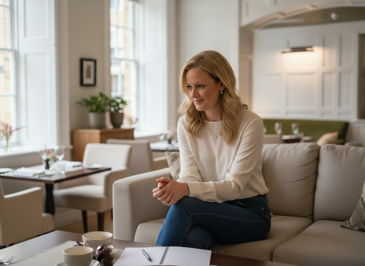 blonde well dressed woman sat on sofa in a hotel with note pad and pen and coffee on the table listening carefully to conversation