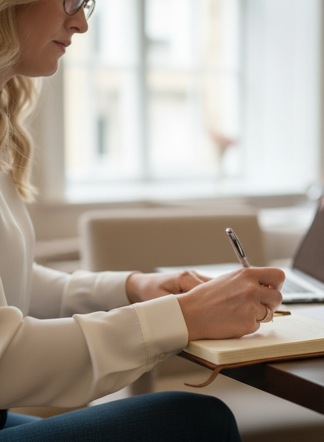 A woman sitting at a table, writing in a notebook with a pen, with a laptop nearby, in a room with large windows and natural light.