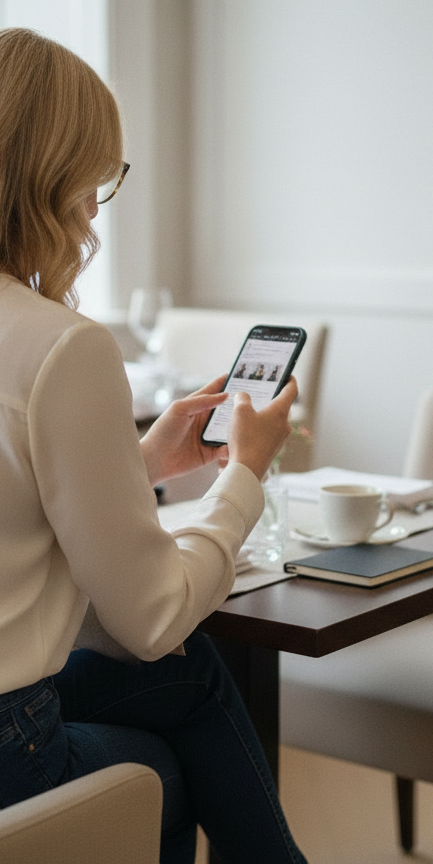 A woman with blonde hair and glasses sitting at a dining table, looking at her phone. The table has a notebook, a cup, and glassware on it.