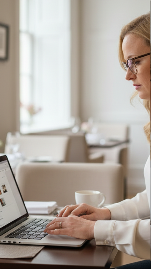 Woman with glasses working on a laptop at a dining table in a well-lit room.