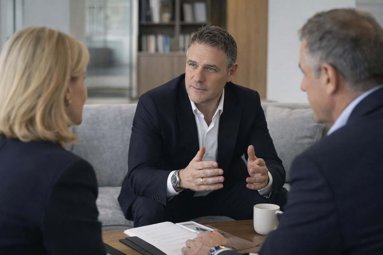 Michael H Cowan in a discussion with clients in their office, sitting around a coffee table in an informal business setting.