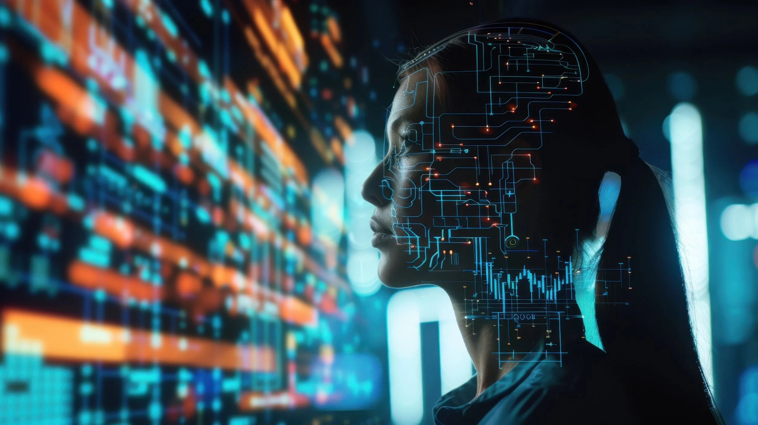 woman looking at digital dashboard with AI-face overlayed on her head.