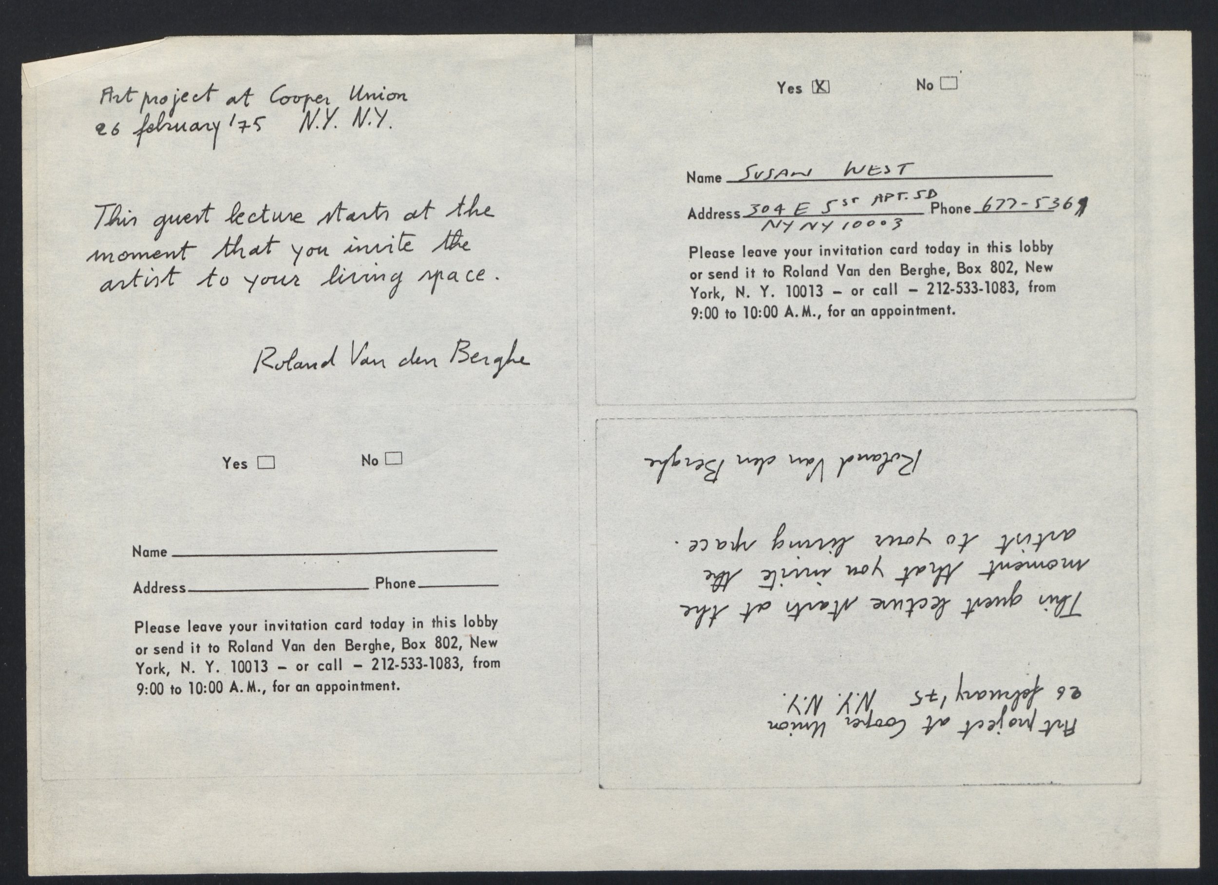 Invitation from Cooper Union, New York, 1975.