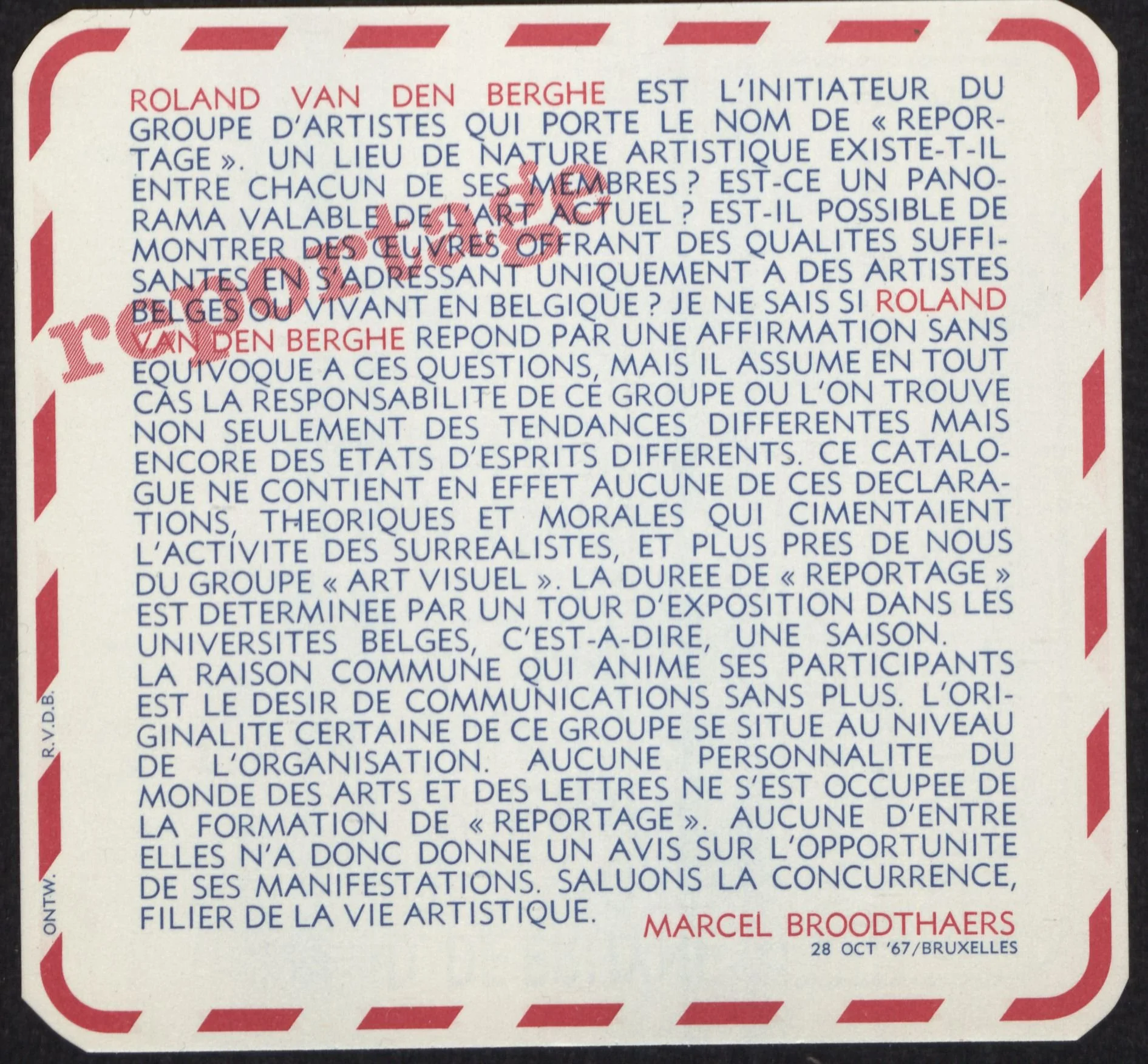 Uitnodiging Reportage, 1967. Archief Roland Van den Berghe.