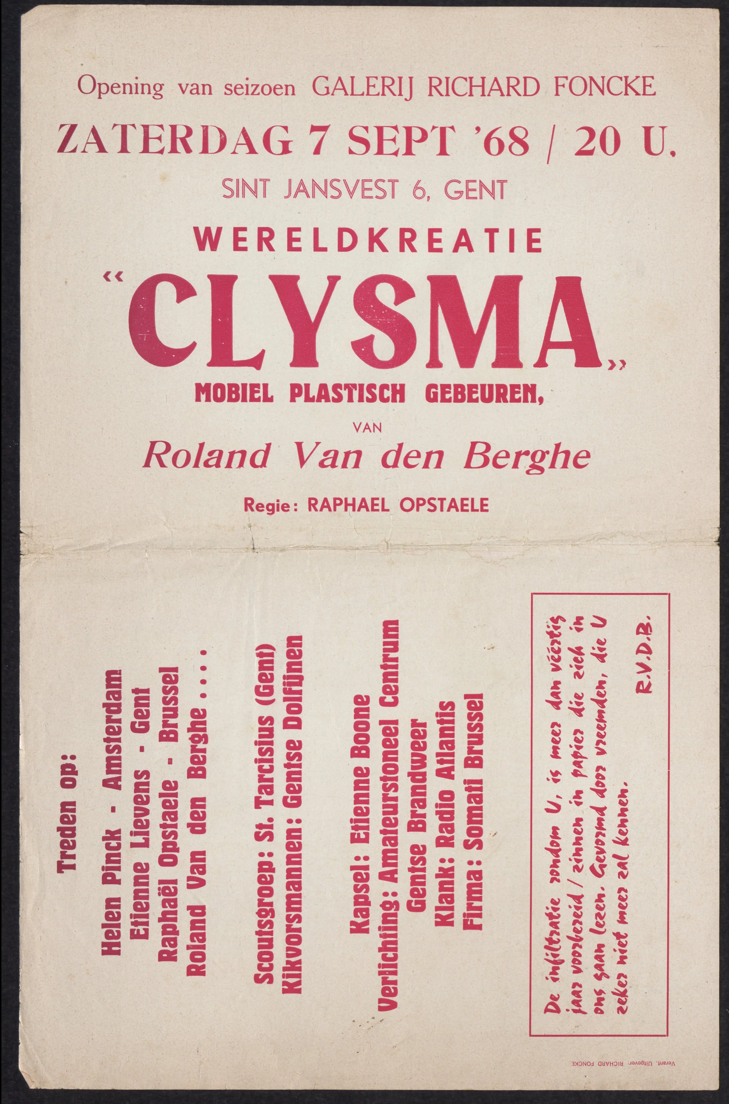 Poster and invitation for the world premiere of Clysma, Ghent, 1968. Scan. 