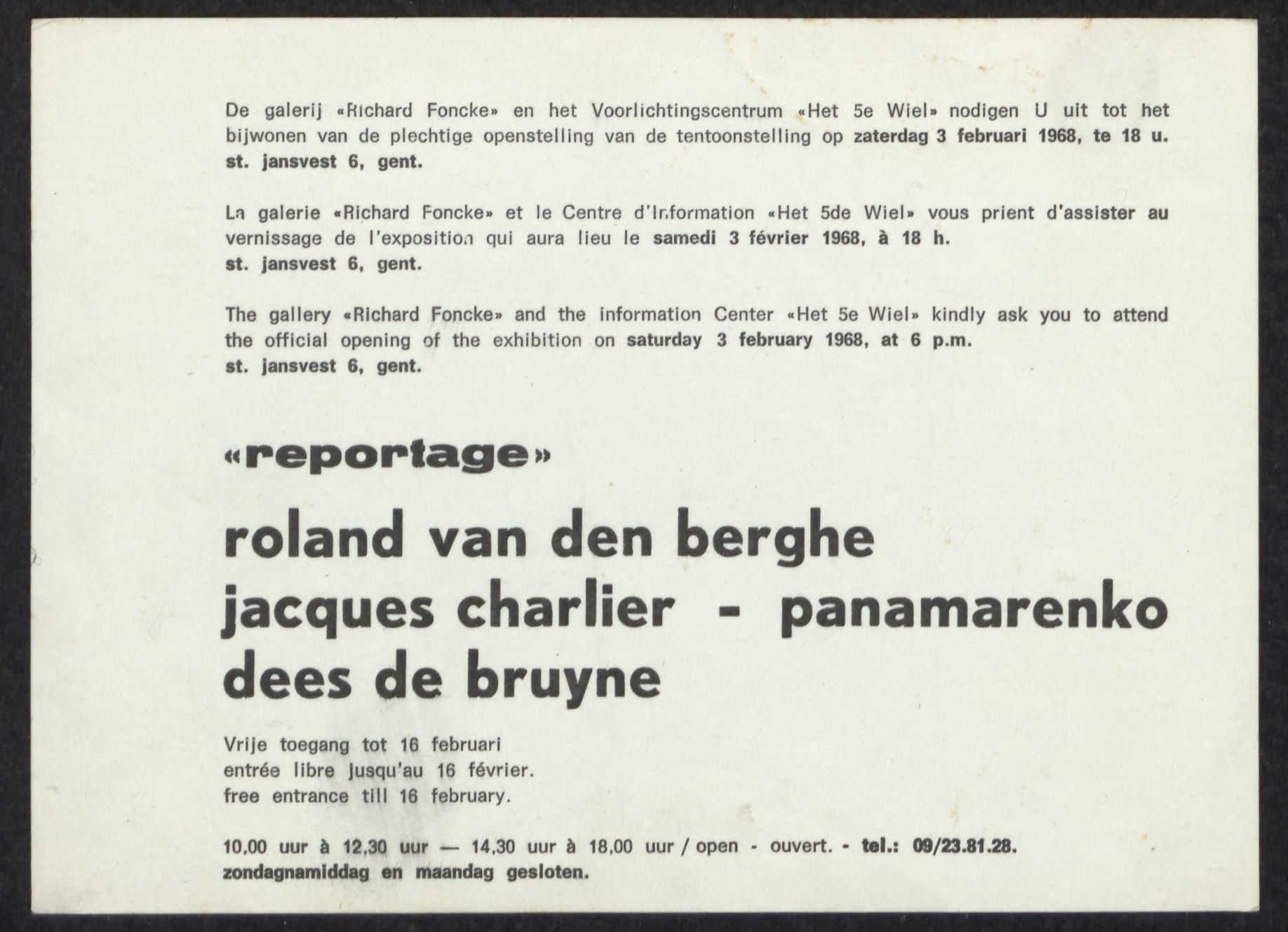 Uitnodiging Reportage, Gent, 1967. Archief Roland Van den Berghe.