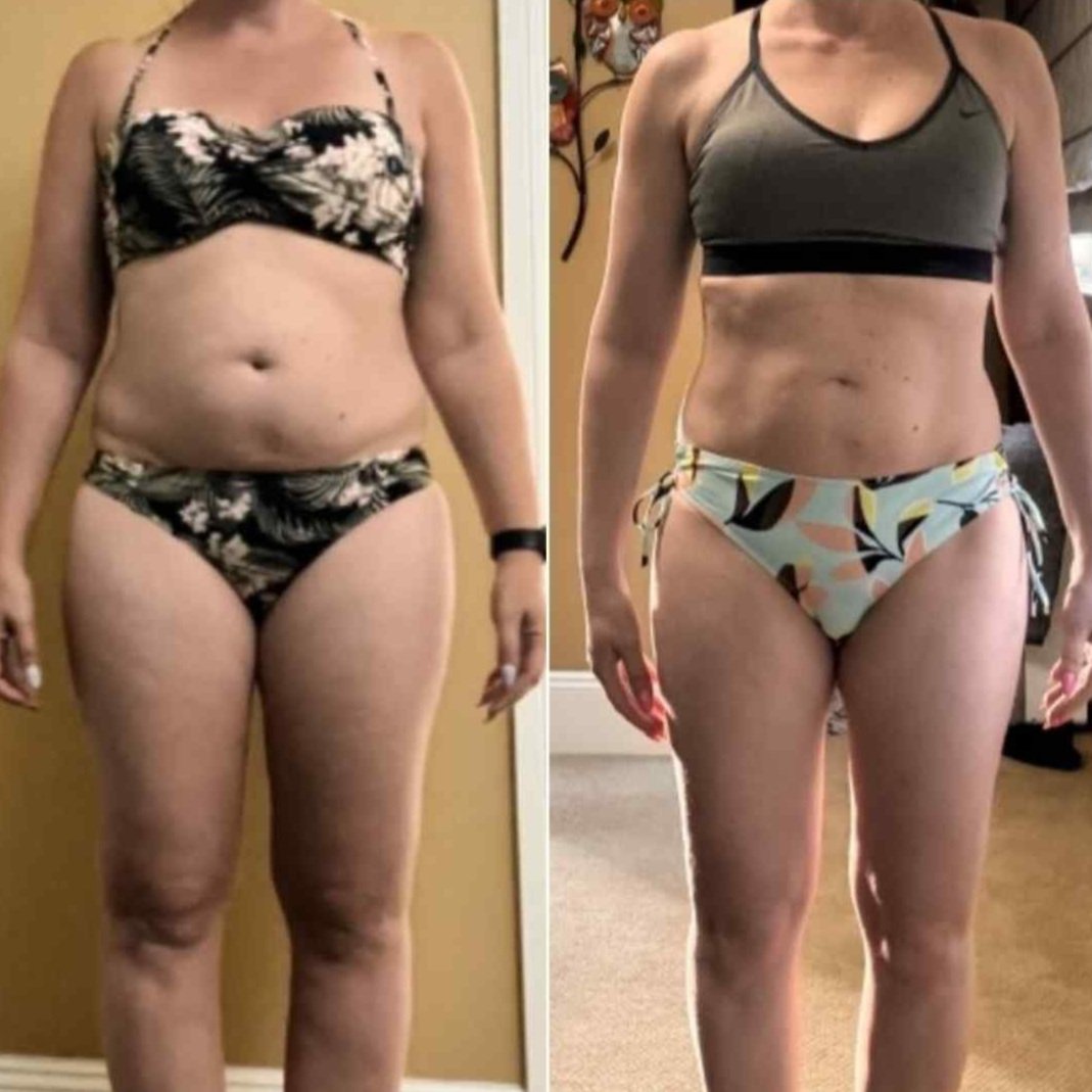 Before and after weight loss transformation comparison of a woman wearing different swimsuits, showing noticeable change in body composition and fitness progress.