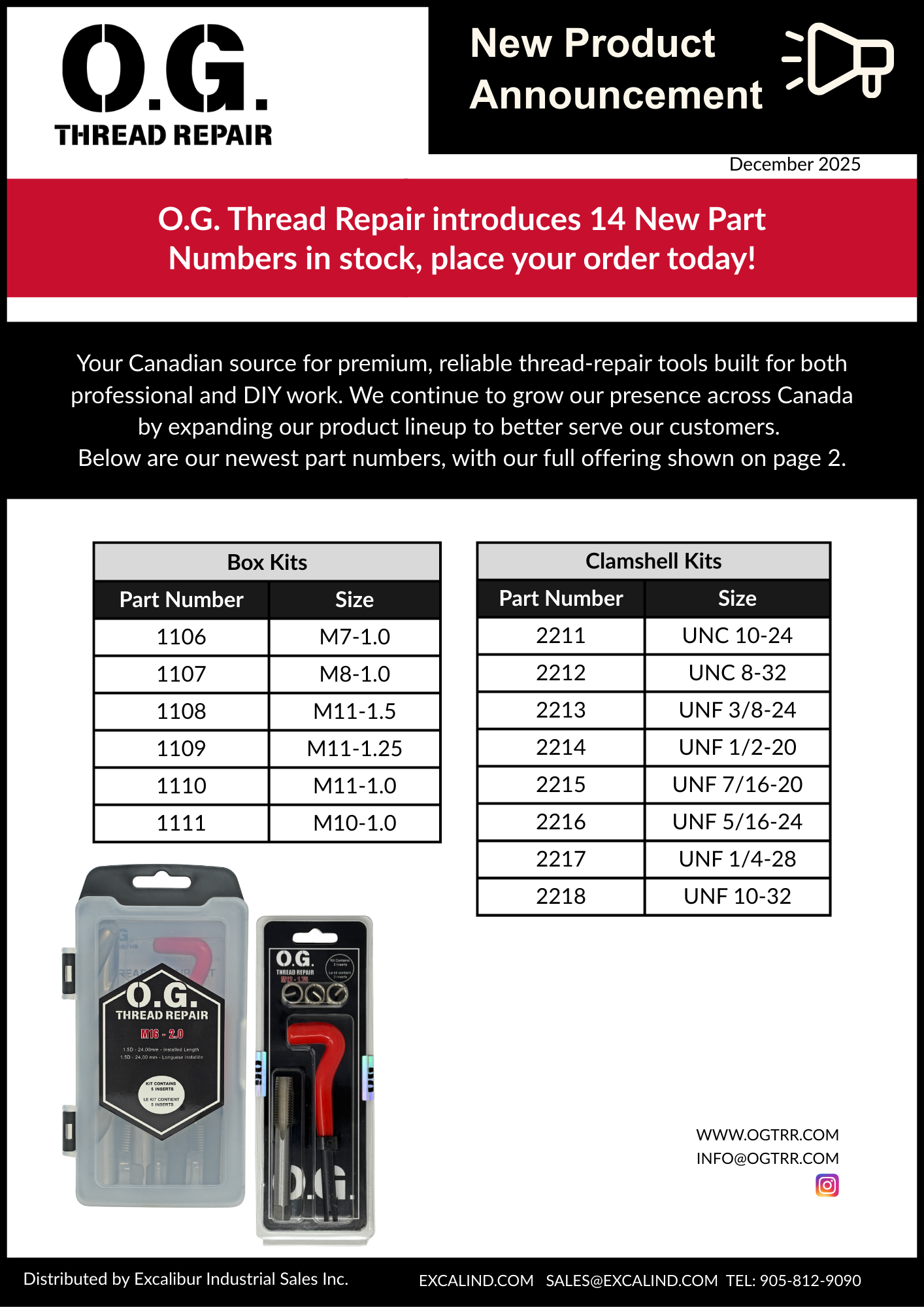 O.G. Thread Repair - 14 New Part Numbers