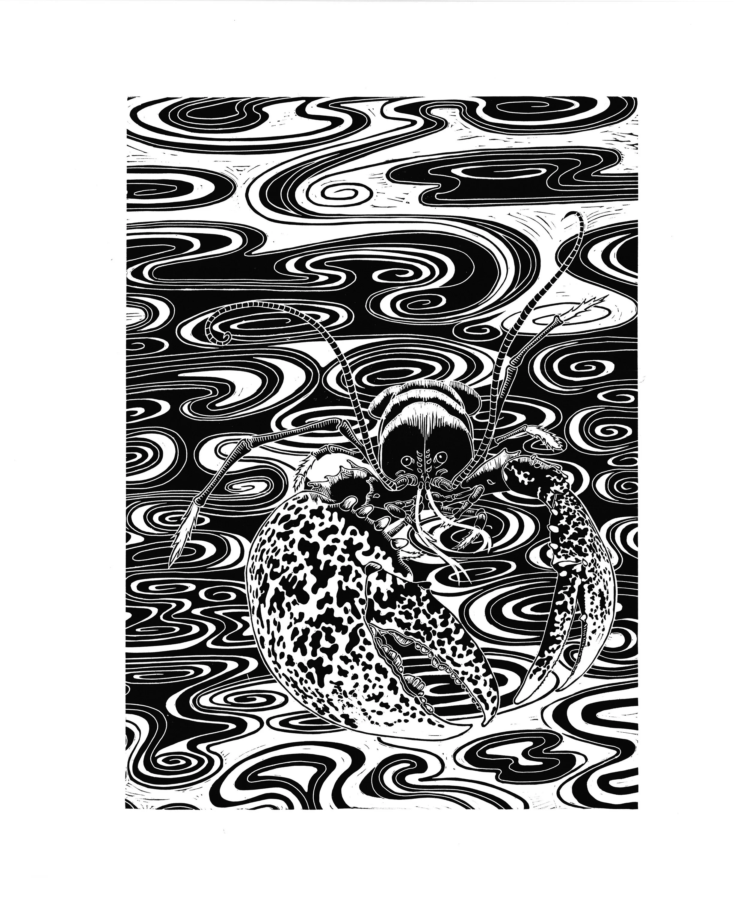 ‘Lobster Swirl’ Original Linocut Print