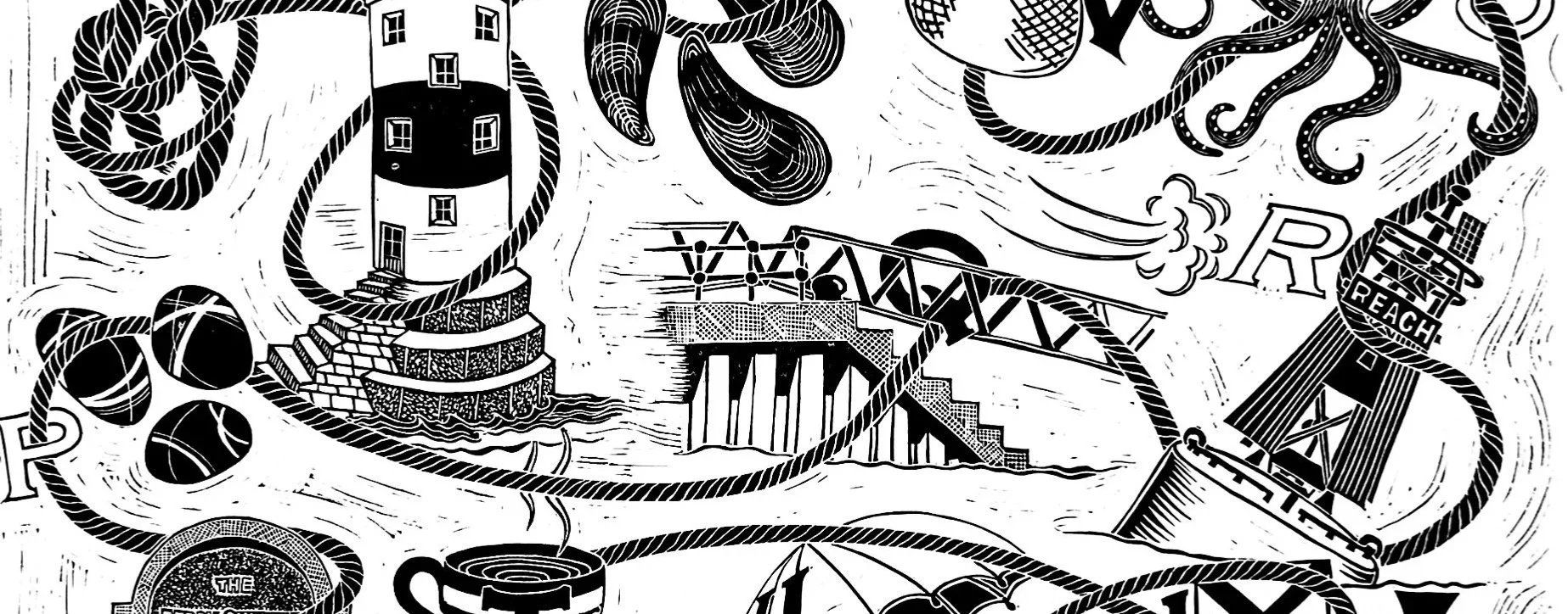 Black and white Coastal A to Z linocut print by Aisling McWilliam, featuring seaside motifs and lettering.
