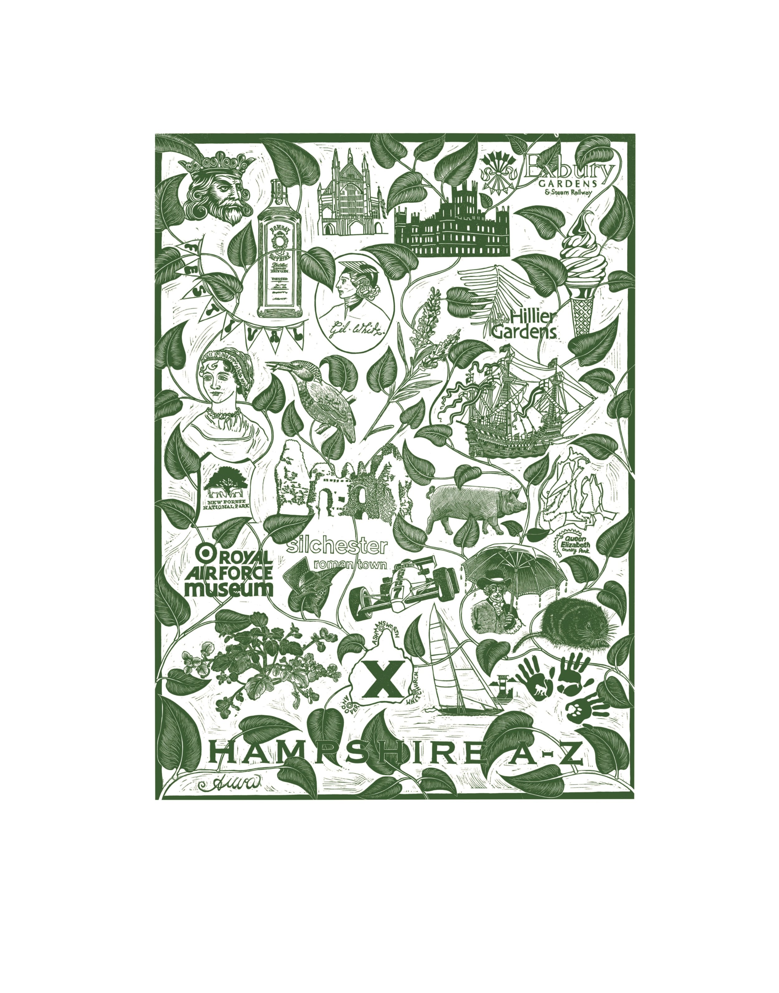 Hampshire A to Z Linocut Giclée print