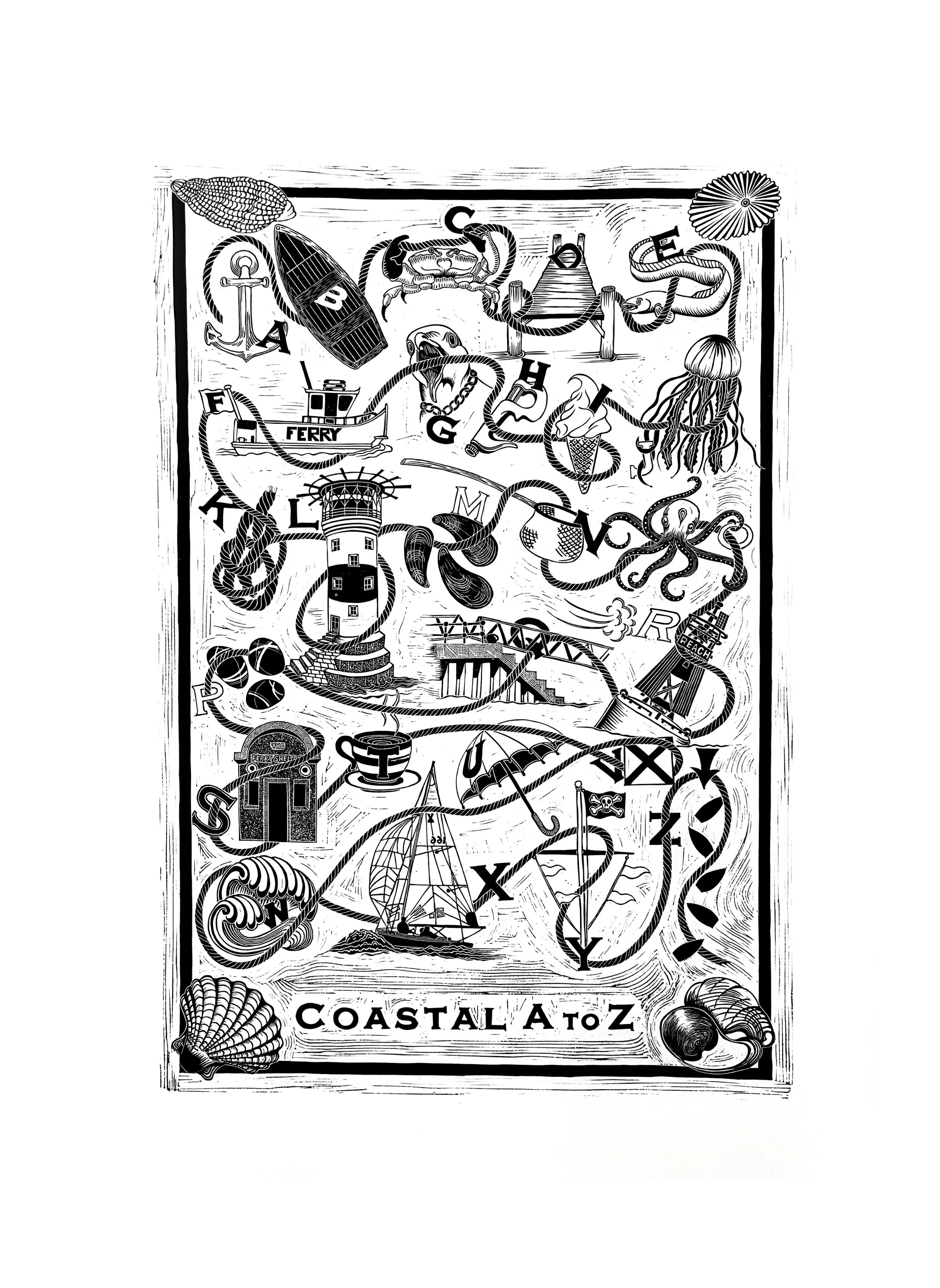 Coastal A to Z Original Linocut Print