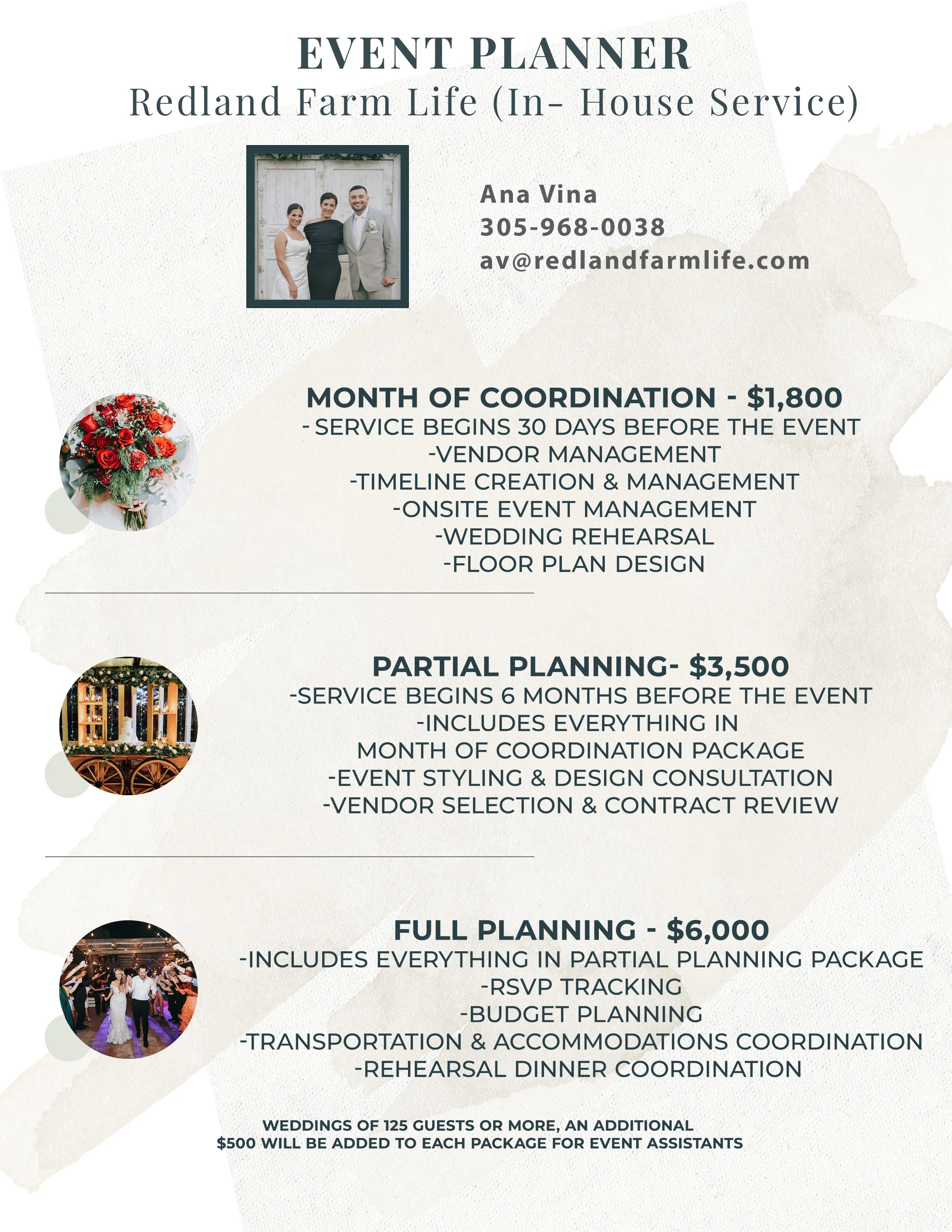 Event planner flyer for Redland Farm Life offering wedding planning packages, with contact info and photos of a wedding bouquet, a decorated outdoor venue, and a wedding dance scene.