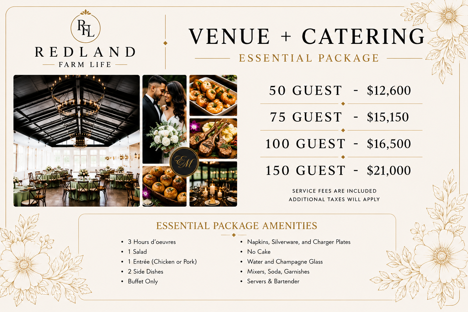 Event venue and catering package details for Redland Farm Life, featuring a large dining area, images of food and decor, wedding couple, and pricing based on guest count with amenities listed.