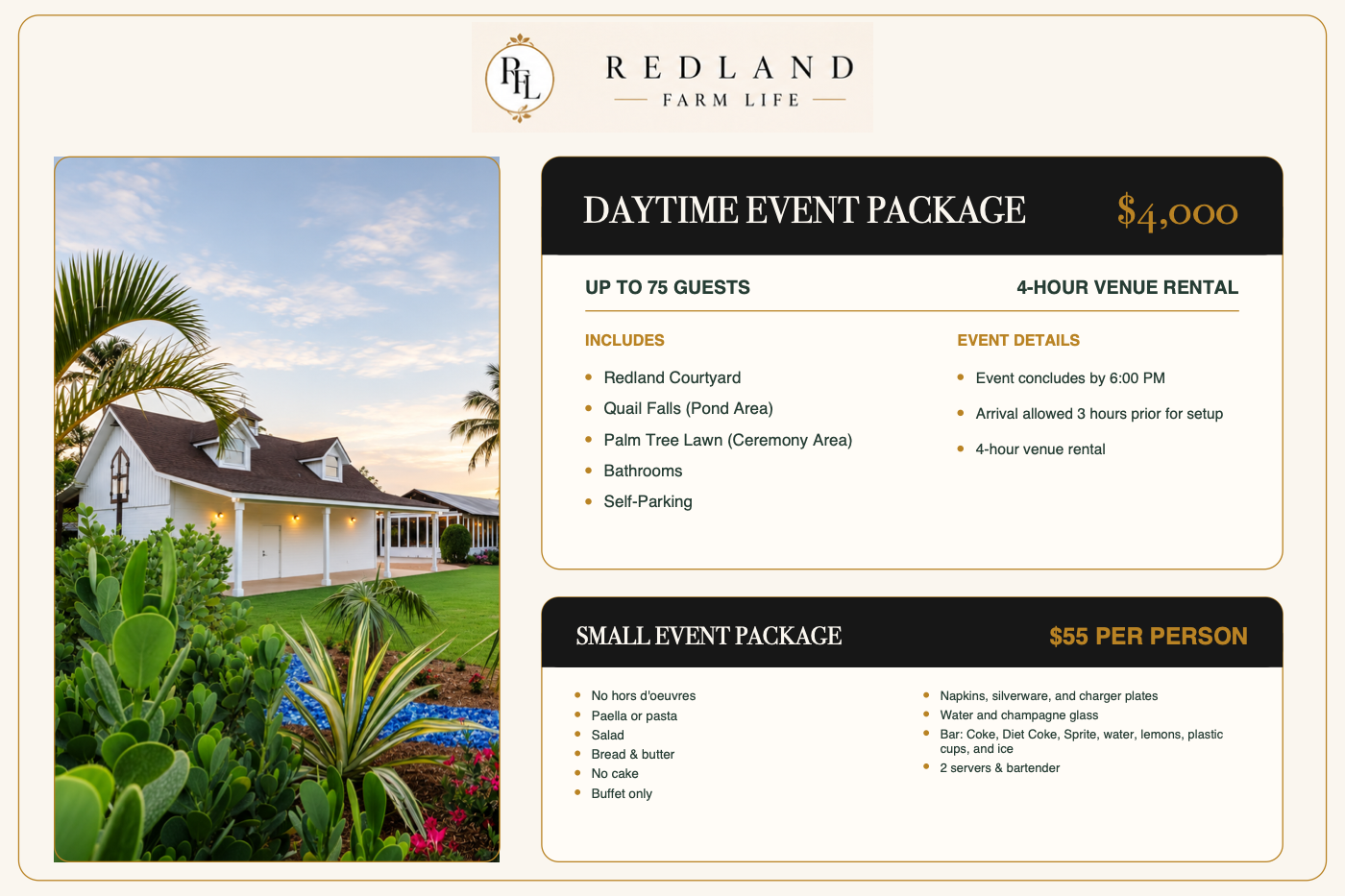 Redland Farm Life daytime event package: $4,000 venue rental for up to 75 guests, with optional small-event catering.