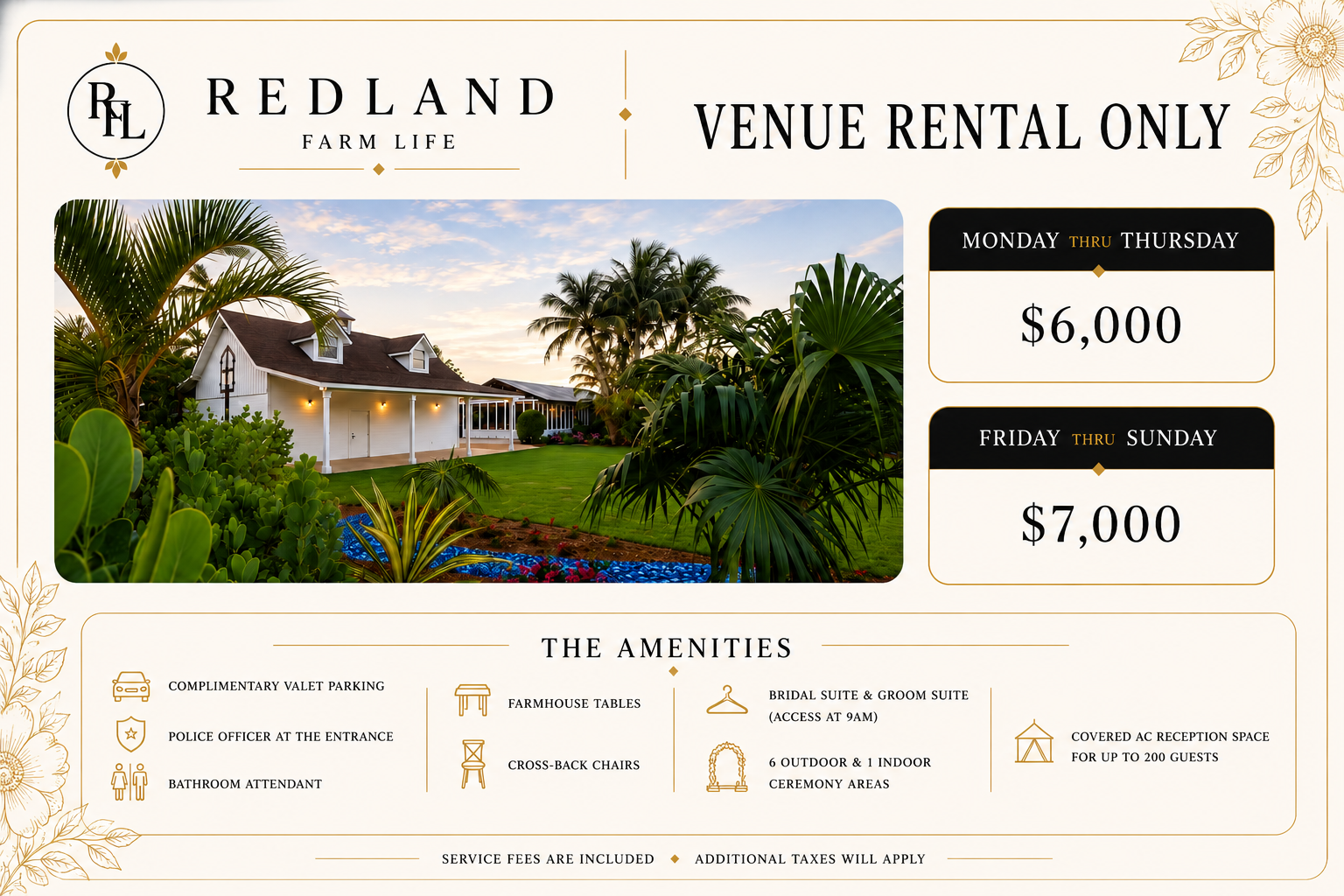 A promotional flyer for Redland Farm Life venue rental, featuring a scenic house surrounded by tropical plants and a well-maintained lawn, with pricing details and amenities listed for weddings and events.