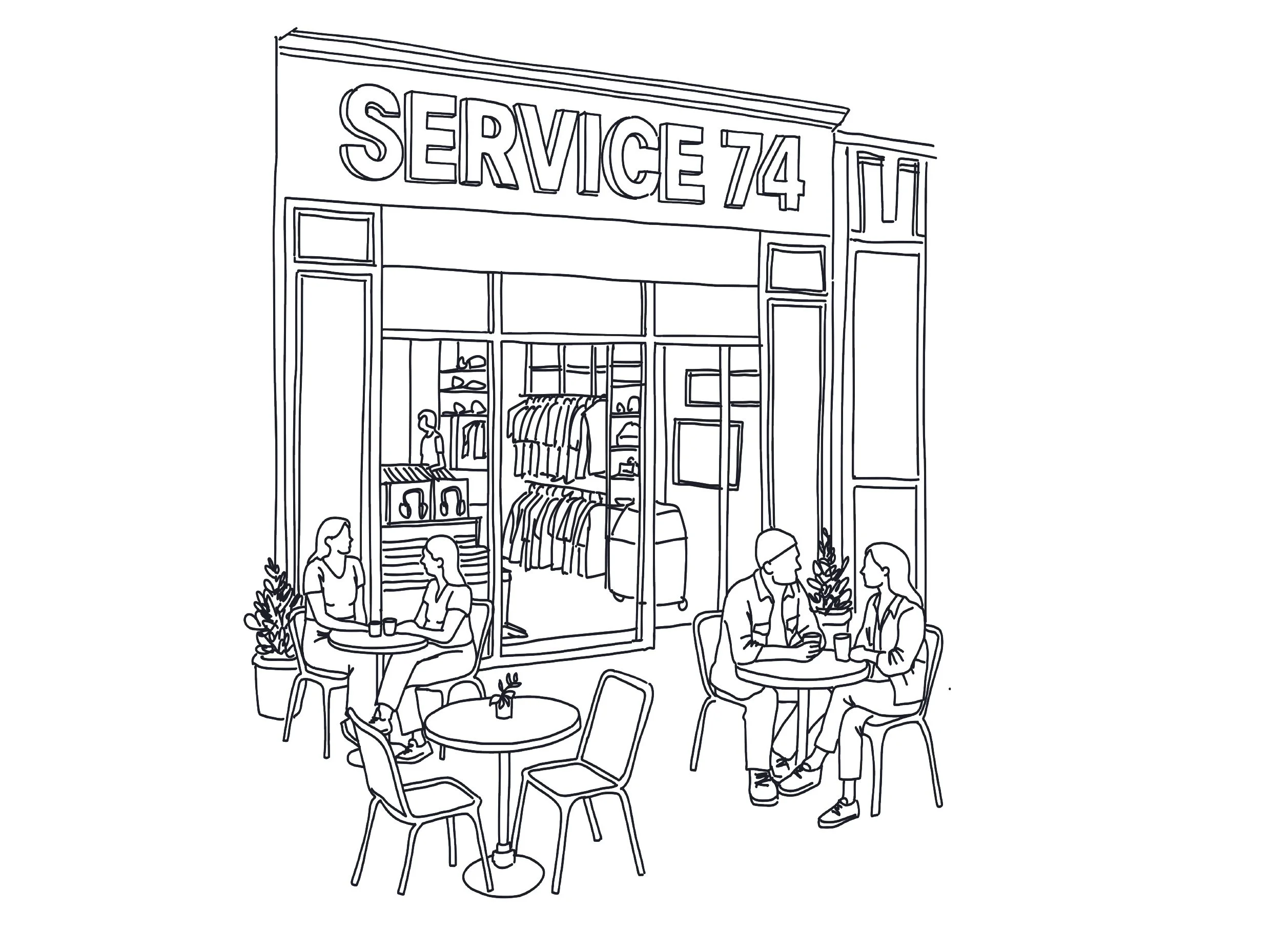 Une façade d'un magasin avec le signe 'SERVICE 74'. Devant, deux groupes de deux personnes sont assises à des tables en train de discuter, avec des vêtements et des chaussures visibles à travers la vitrine.