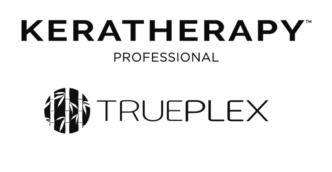Branding logo for Keratherapy Professional with the text 'Trueplex' and an abstract circular design.