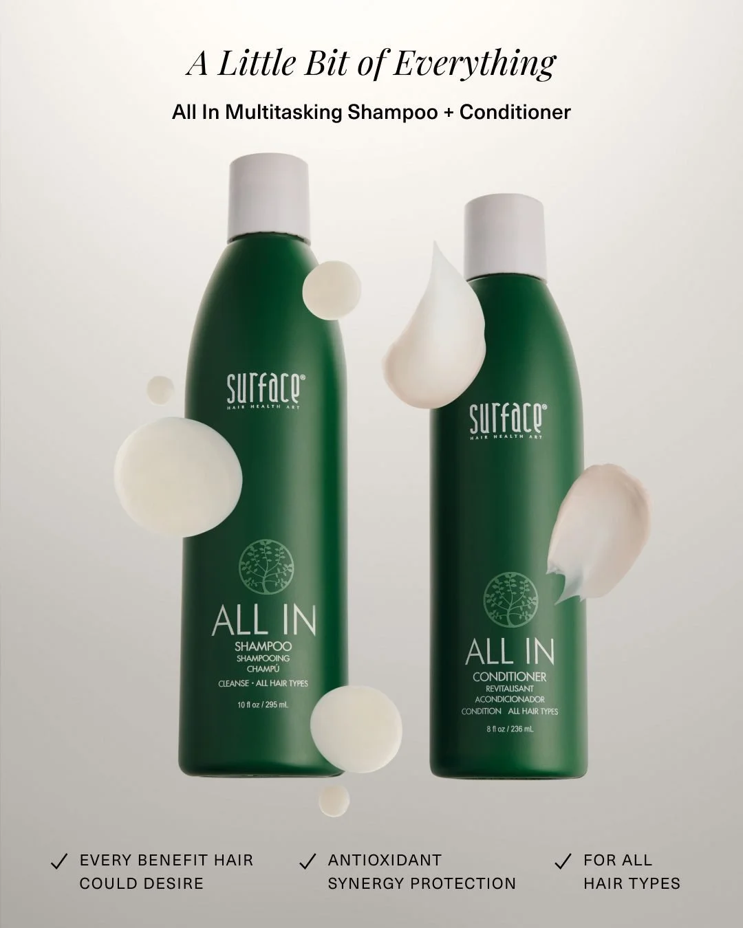 Not sure what your hair type is? Surface All In has you covered. 🌟

Simplify your routine with our proprietary botanical blend that has a little bit of everything for all hair types.

Shop new All In Shampoo &amp; Conditioner, + Leave-In Conditioner