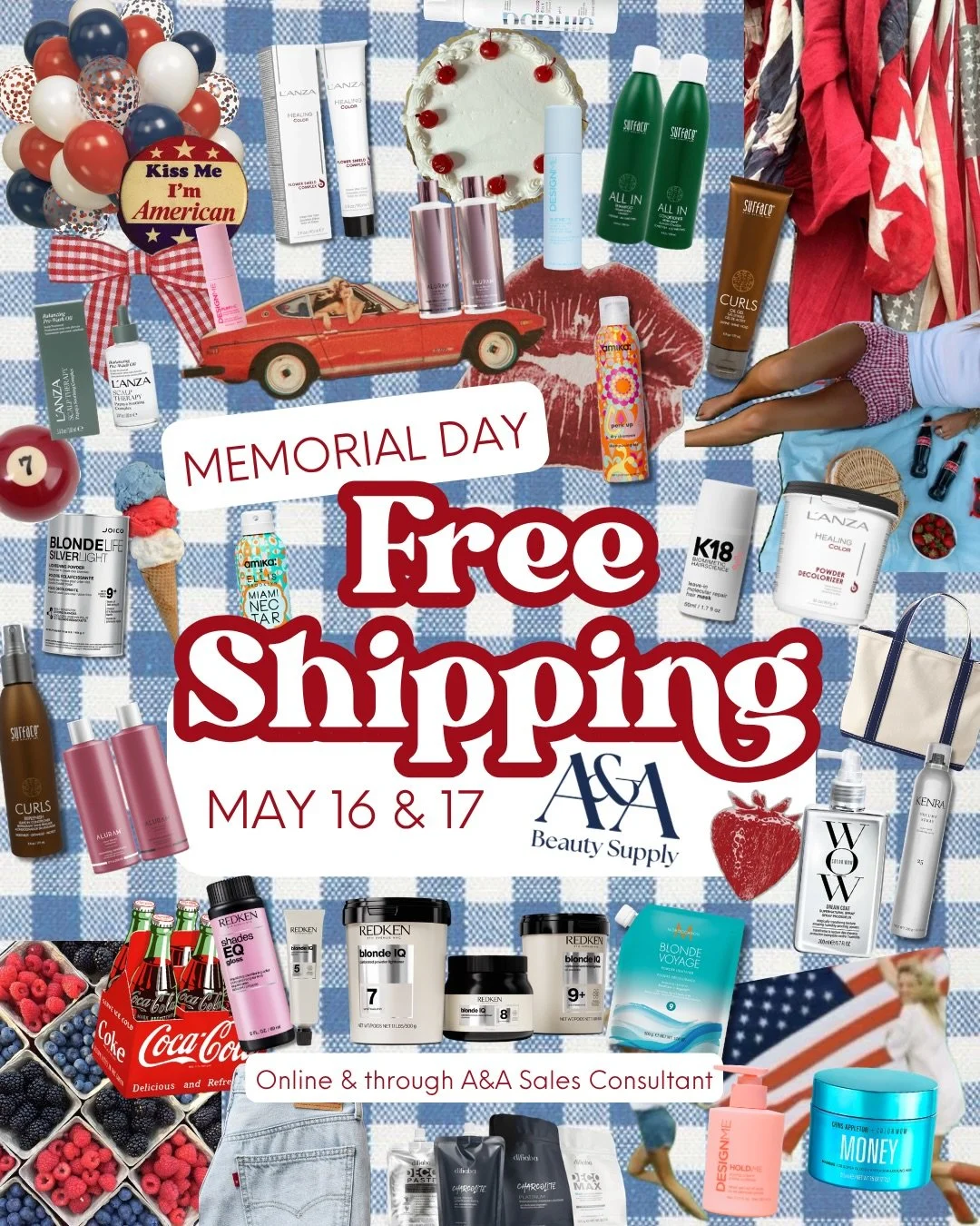 Your Memorial Day Weekend restock starts here🇺🇸

This Saturday &amp; Sunday ONLY (May 16 &amp; 17), enjoy FREE SHIPPING online &amp; through your A&amp;A Sales Consultant. ☁️🛒

The perfect time to stock up on:
✨ Summer haircare favorites
✨ Salon e