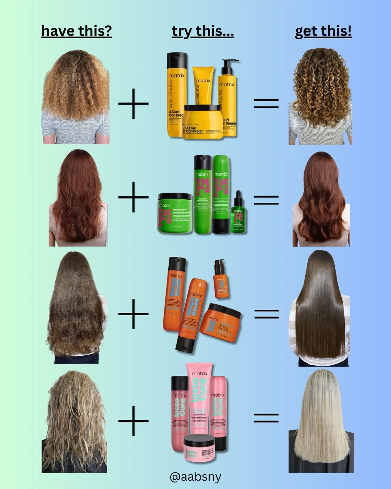 not sure which Matrix haircare line to pick? we got you covered! ✨

💛puffy, curly hair? A Curl Can Dream 
💚dry, de-hydrated hair? Food for Soft 
🧡frizzy, dull hair? Mega Sleek 
💗damaged, fragile hair? Insta Cure Build-a-Bond 

comment below your 
