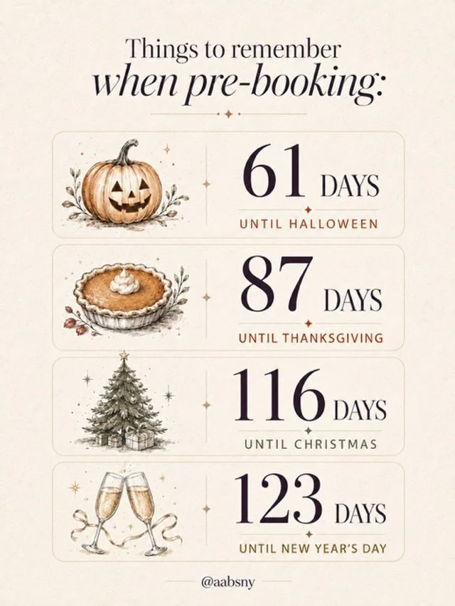 The holidays will be here before you know it remind your clients to pre-book now! ✨🎃🦃🎄🥂

#aabsny #hairstylist #salonlife #salon #holidays