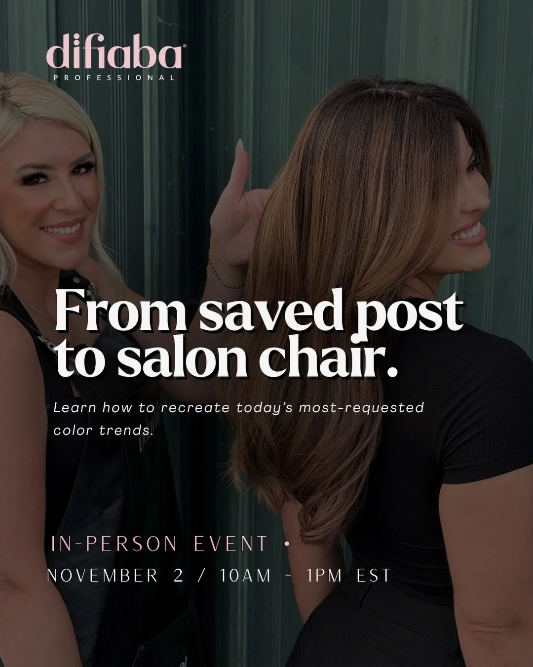 Turn client inspo photos into reality.
 
Join Difiaba Global Artist Jessie Tripi for Living Color, an in-person Look &amp; Learn built around the color trends clients are actually asking for right now.
 
You&rsquo;ll see the full process come to life
