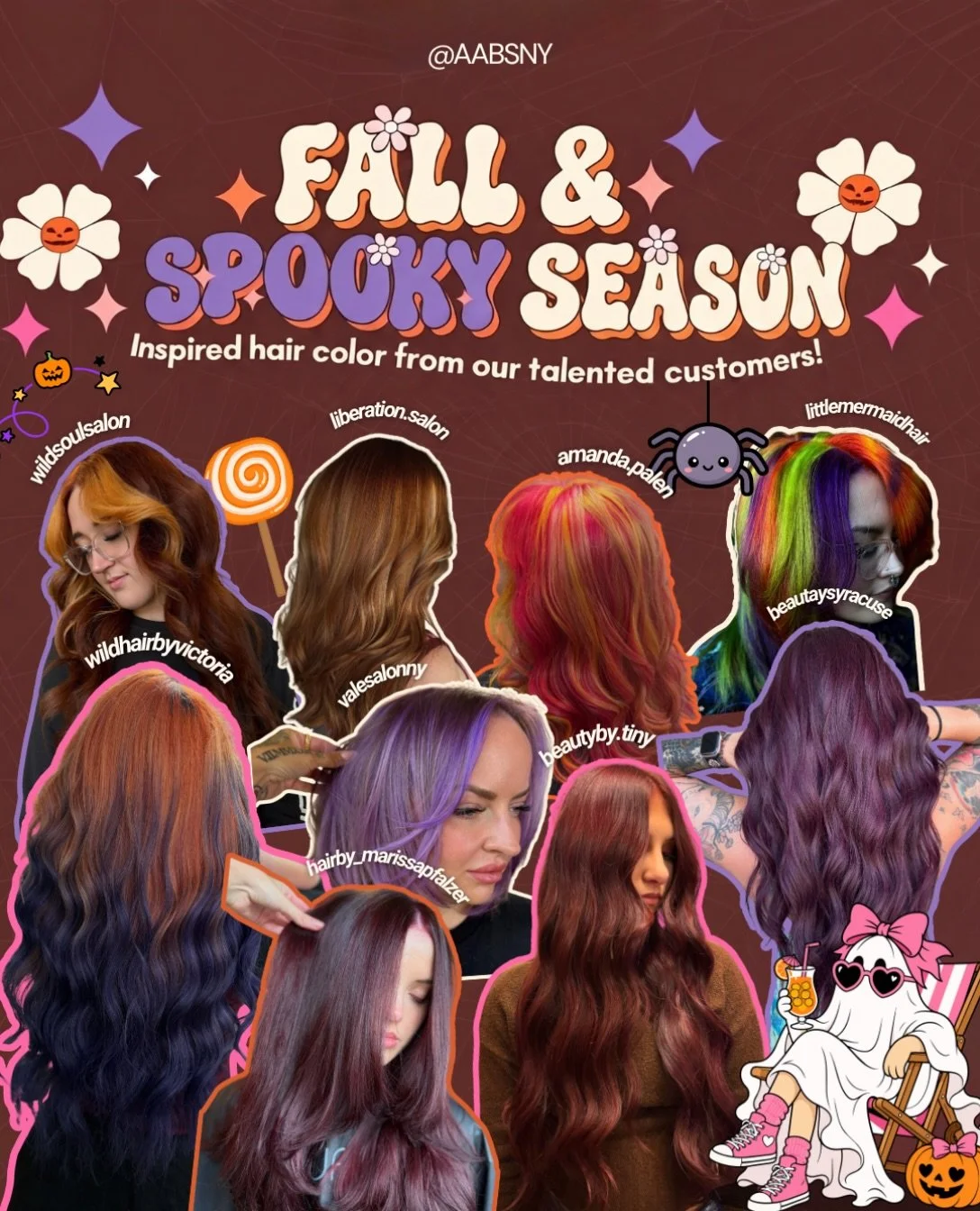 Serving up some seriously SPOOKTACULAR hair inspo! 👻🎃✨
 
From rich fall tones to bold, colorful transformations, our talented A&amp;A customers are bringing all the fall &amp; spooky season inspiration!
 
Which look is your favorite? 👀👇
 
Feature