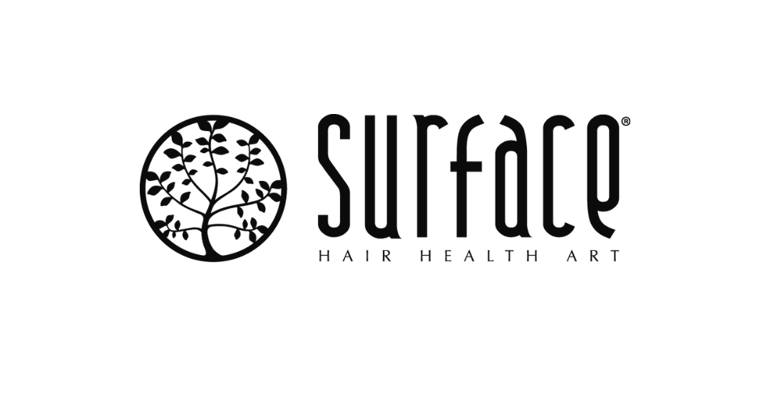 Logotype of Surface Hair, Health, and Art, featuring a black tree inside a circle and the words "Surface" and "Hair Health Art" in black text.
