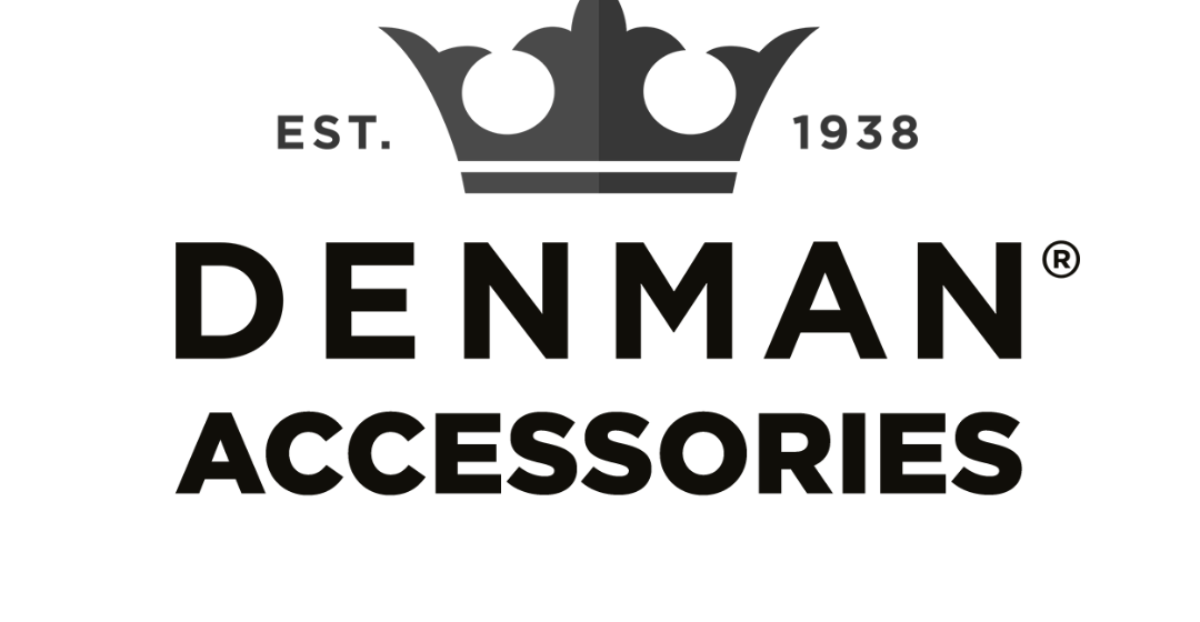 Logo for Denman Accessories featuring a crown and the text 'Est. 1938 Denman Accessories' in black and white.