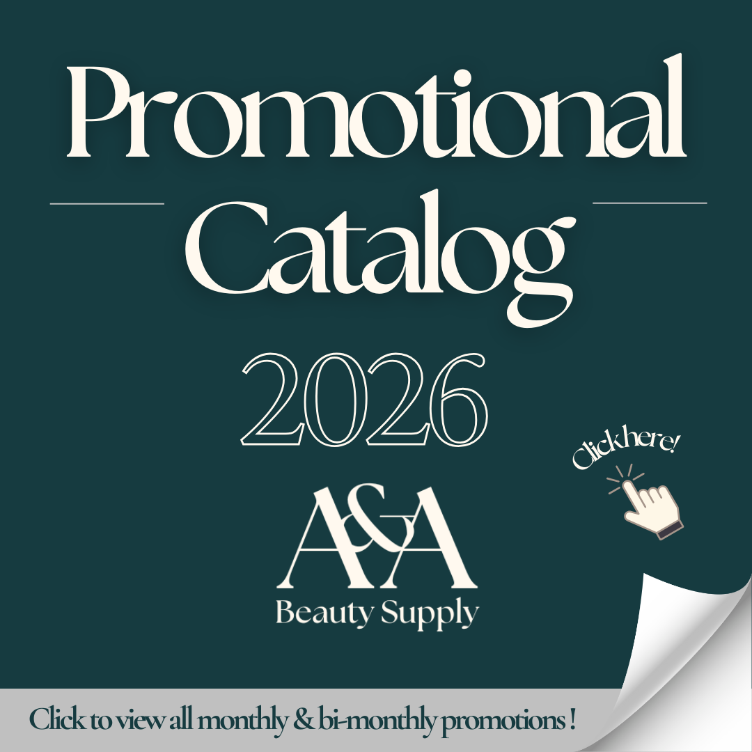 Promotion catalog cover for 2026 by A&A Beauty Supply with a dark teal background and white text that says "Promotional Catalog 2026" and a clickable button icon that says "Click here!"