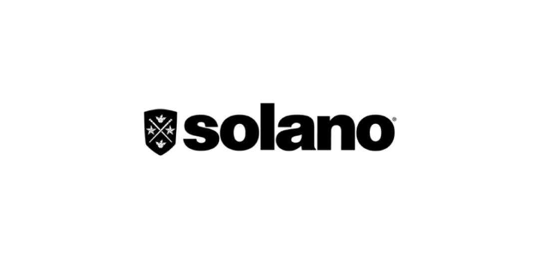 Black and white Solano logo with shield emblem and bold lowercase text.