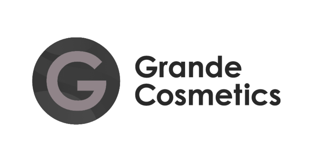 Grande Cosmetics logo with a black and gray circular icon containing a G, next to the company name in bold black text.