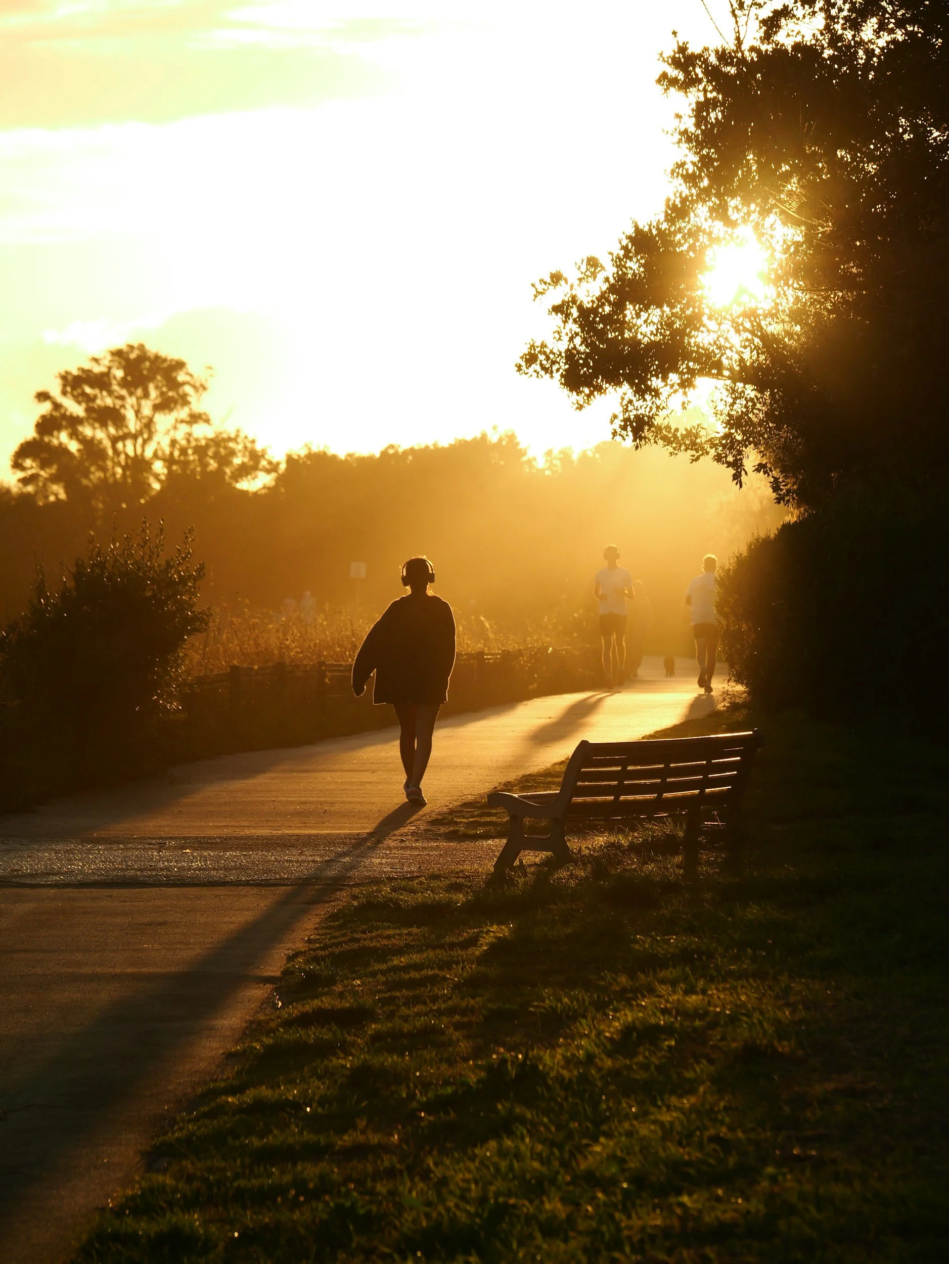 Person with headphones on walking in the park as sun comes up