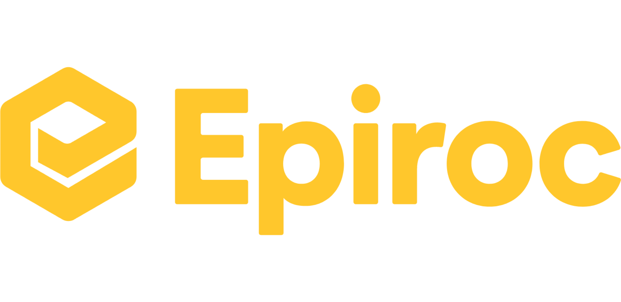 Epiroc logotyp, gul text med ikon