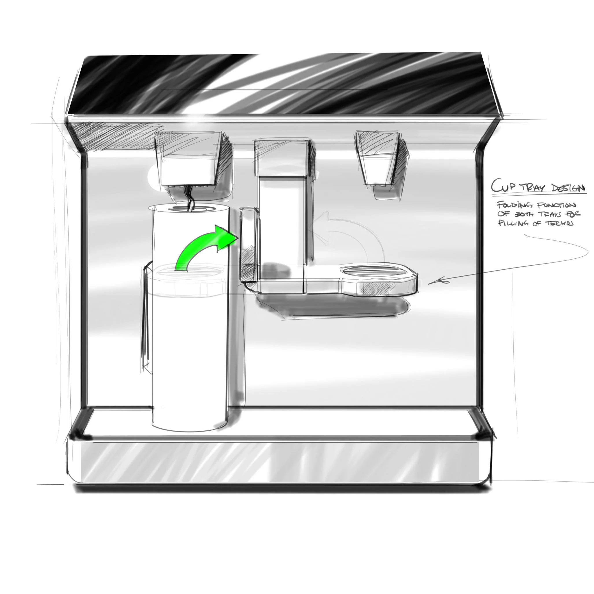 Skiss av kaffemaskinens koppbricka med olika mönster och kommentarer kring funktion och design. Text inkluderar "Cup tray", "Coffee", och "Water" samt instruktioner om koppens placering och droppbricka.