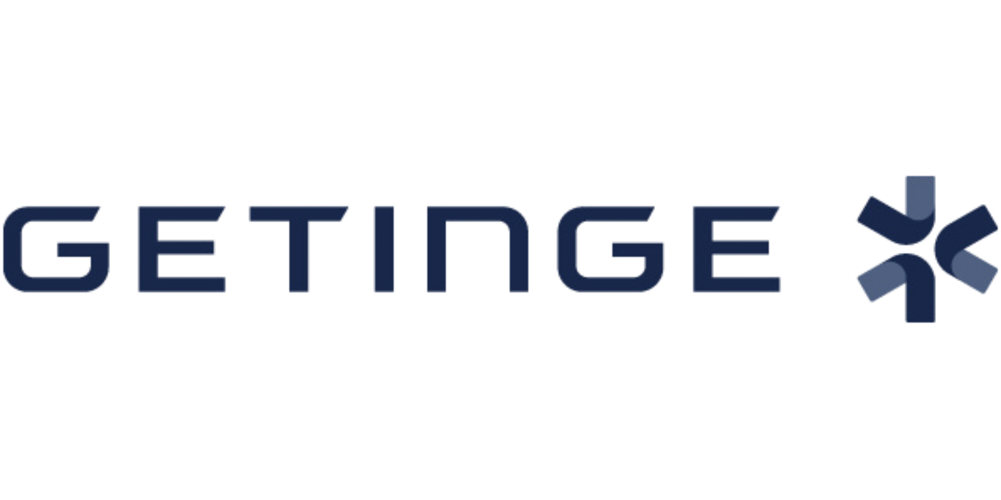 Logotyp för Getinge med mörkblå text och symbol.