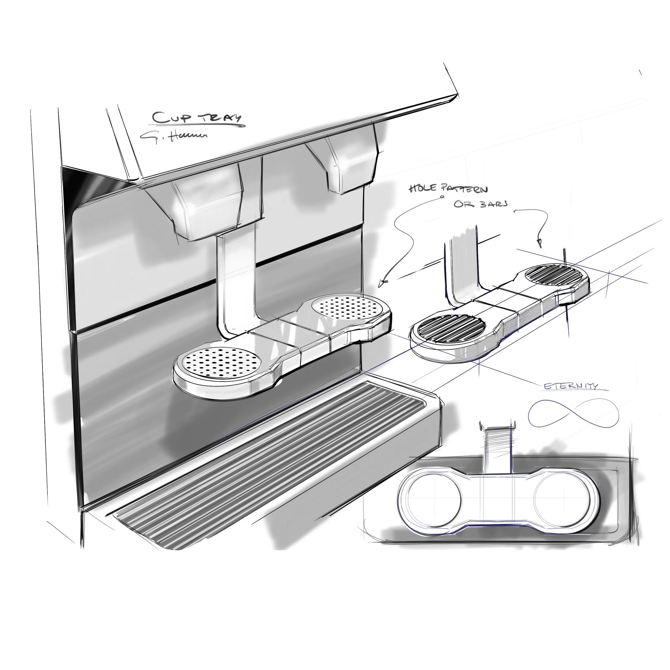 Skisser av designkoncept för duschhuvuden i metall.