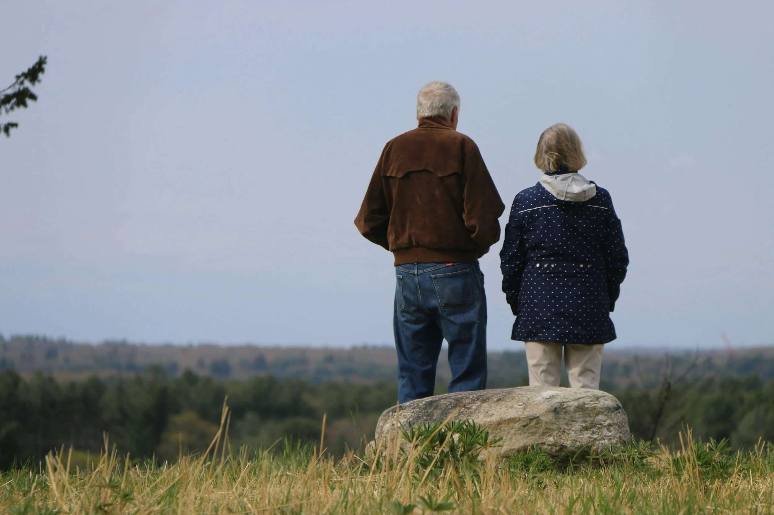 An elderly man and woman standing on a rock overlooking a landscape with trees and grass, seen from behind.