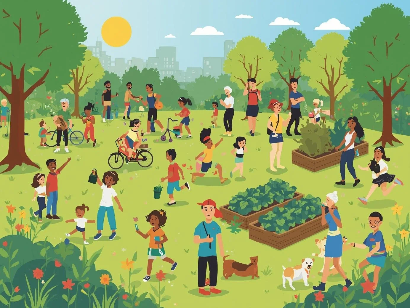 People of various ages and backgrounds enjoying a sunny day in a park with trees, flowers, and city skyline in the background. Some are cycling, walking, sitting, chatting, and playing with dogs, while others are gardening.