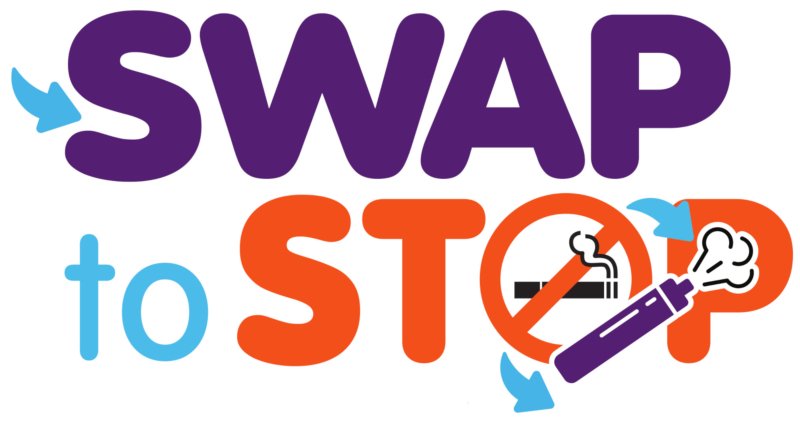 Colorful text that reads "SWAP to STOP" with icons of a cigarette crossed out and a vaping device with a no-smoking symbol, indicating an anti-smoking message.