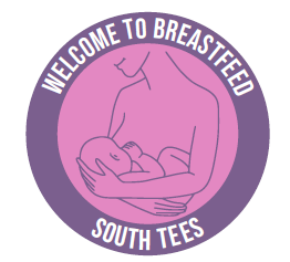Pink circular emblem with a stylized breastfeeding mother and baby, text reads 'Welcome to Breastfeeding South Tees'.