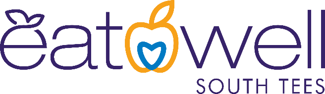 Logo for Eat Well South Tees, with a stylized orange and blue peach in place of the 'a' in 'Eat'.