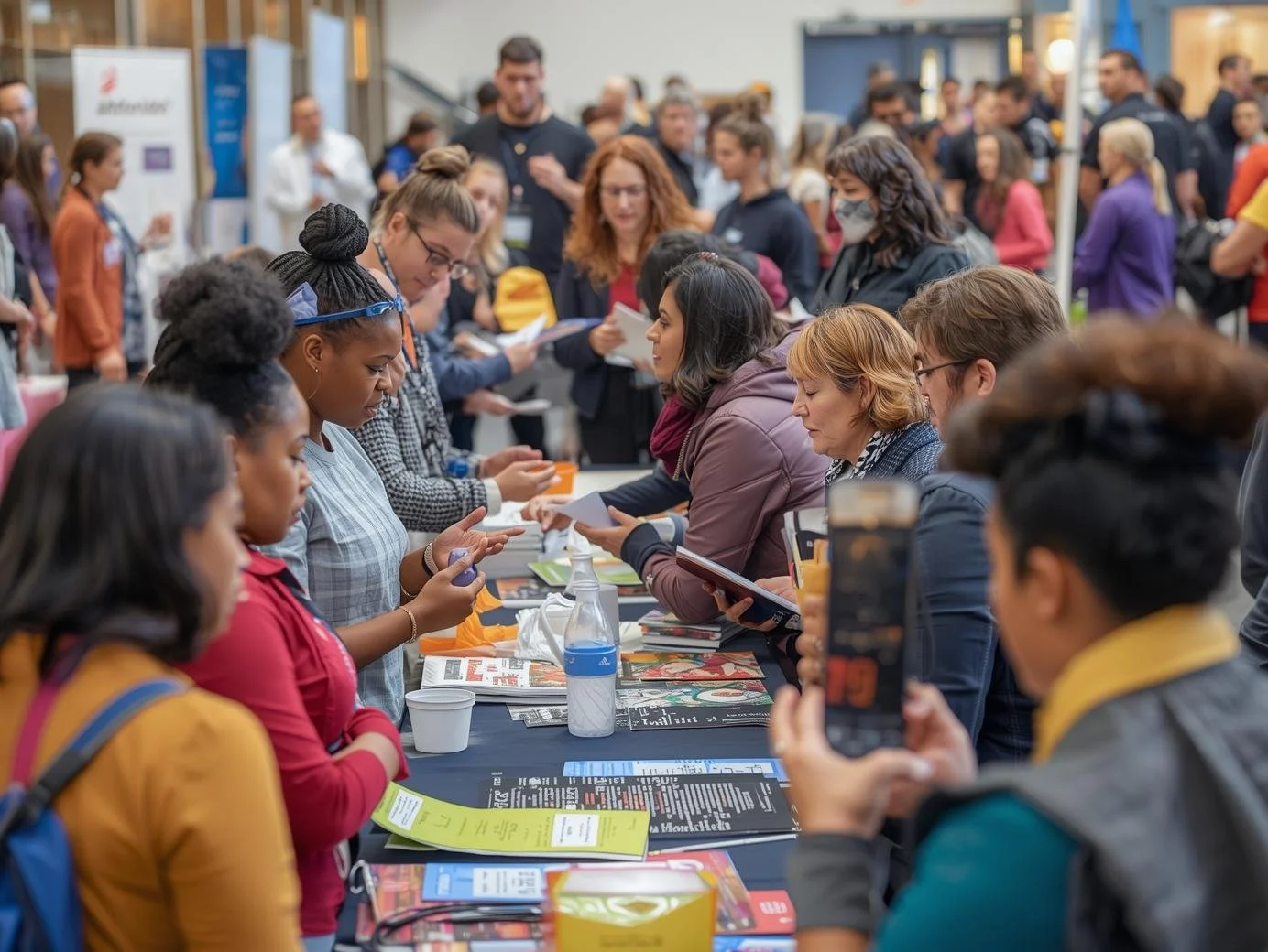 People gathered around a table at a busy event, with some signing autographs and others observing or taking photos, in an indoor convention setting.