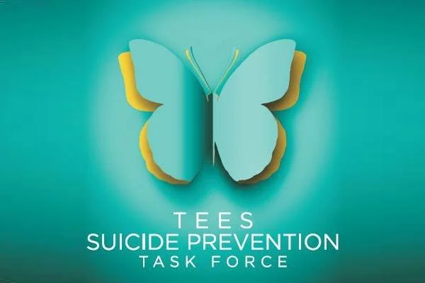 Graphic design with a butterfly made of layered paper in blue, yellow, and brown, with the words 'TEES SUICIDE PREVENTION TASK FORCE' below.